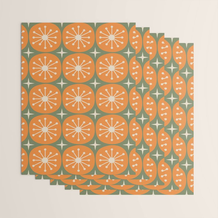 Mid Century Modern Atomic Dots and Stars Retro Pattern in Mossy Sage Olive Green Orange Beige Wrapping Paper Gallery Image 3