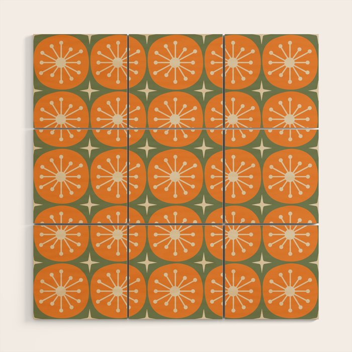 Mid Century Modern Atomic Dots and Stars Retro Pattern in Mossy Sage Olive Green Orange Beige Wood Wall Art Gallery Image 1