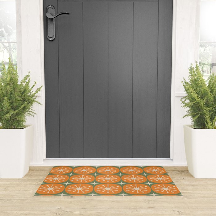 Mid Century Modern Atomic Dots and Stars Retro Pattern in Mossy Sage Olive Green Orange Beige Welcome Mat Gallery Image 3