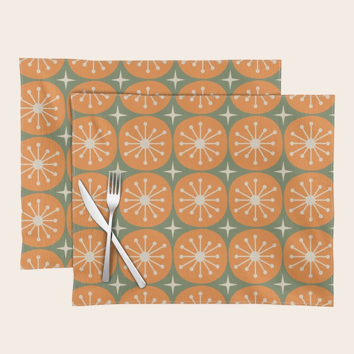 Mid Century Modern Atomic Dots and Stars Retro Pattern in Mossy Sage Olive Green Orange Beige Placemat Gallery Image 1