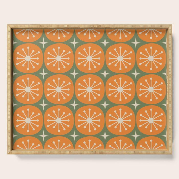 Mid Century Modern Atomic Dots and Stars Retro Pattern in Mossy Sage Olive Green Orange Beige Serving Tray Gallery Image 1