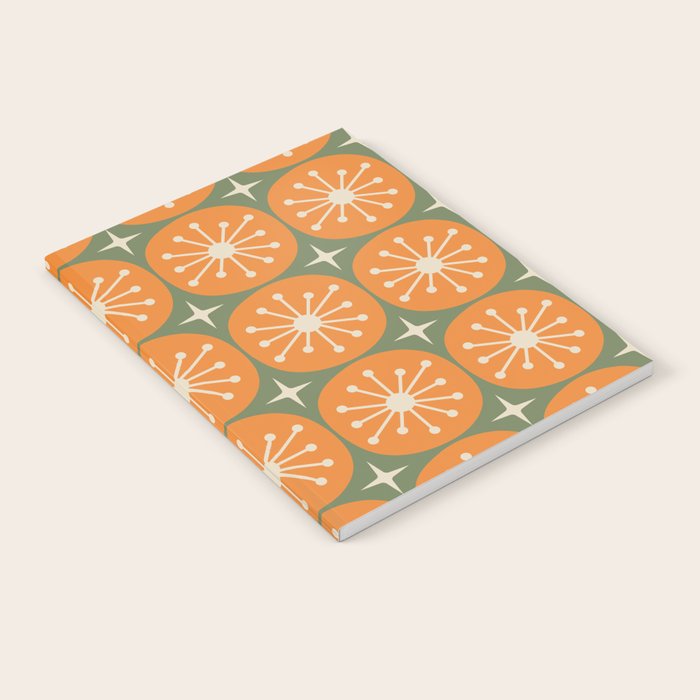 Mid Century Modern Atomic Dots and Stars Retro Pattern in Mossy Sage Olive Green Orange Beige Notebook Gallery Image 2