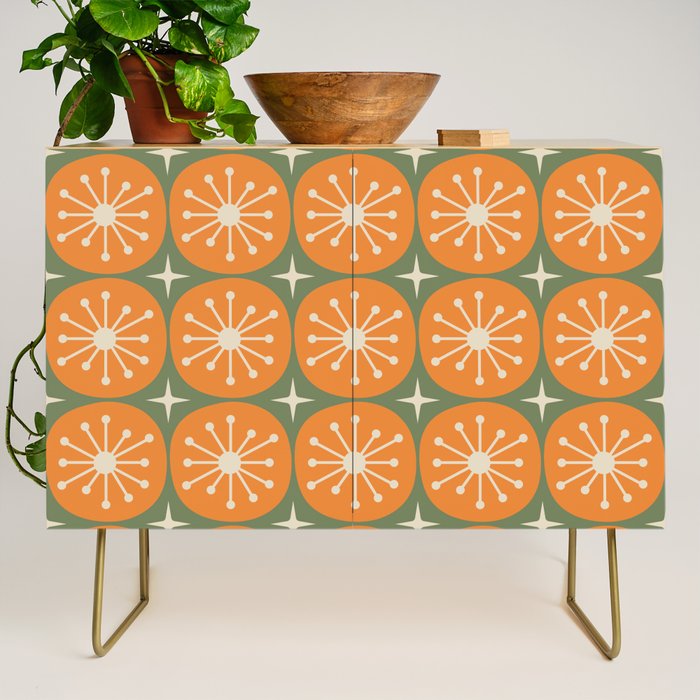 Mid Century Modern Atomic Dots and Stars Retro Pattern in Mossy Sage Olive Green Orange Beige Credenza Gallery Image 1