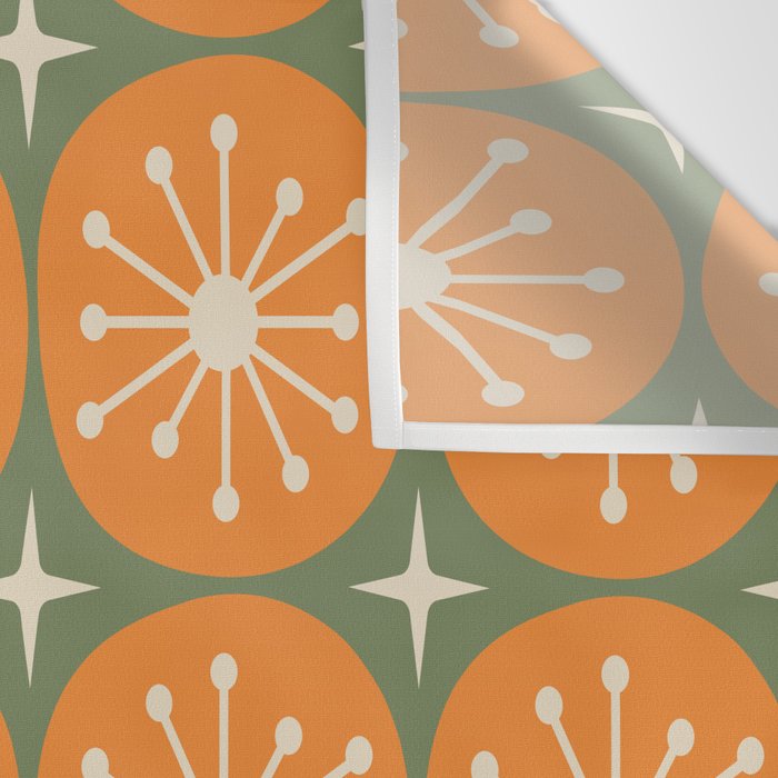 Mid Century Modern Atomic Dots and Stars Retro Pattern in Mossy Sage Olive Green Orange Beige Wall Tapestry Gallery Image 3