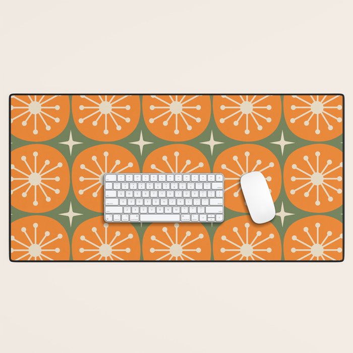 Mid Century Modern Atomic Dots and Stars Retro Pattern in Mossy Sage Olive Green Orange Beige Desk Mat Gallery Image 1