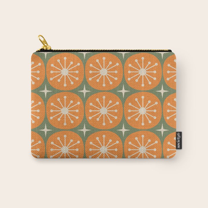 Mid Century Modern Atomic Dots and Stars Retro Pattern in Mossy Sage Olive Green Orange Beige Carry All Pouch Gallery Image 1