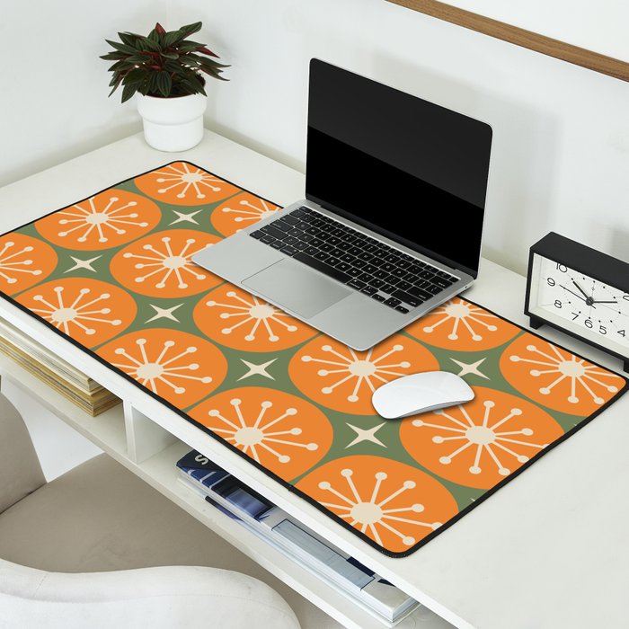 Mid Century Modern Atomic Dots and Stars Retro Pattern in Mossy Sage Olive Green Orange Beige Desk Mat Gallery Image 2