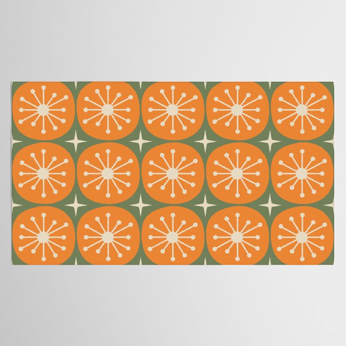 Mid Century Modern Atomic Dots and Stars Retro Pattern in Mossy Sage Olive Green Orange Beige Tablecloth Gallery Image 2