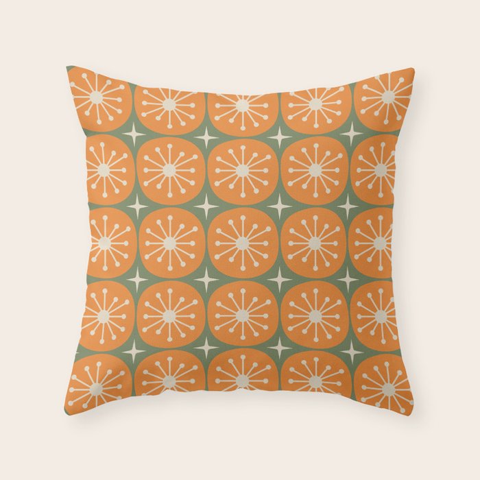 Mid Century Modern Atomic Dots and Stars Retro Pattern in Mossy Sage Olive Green Orange Beige Throw Pillow Gallery Image 6