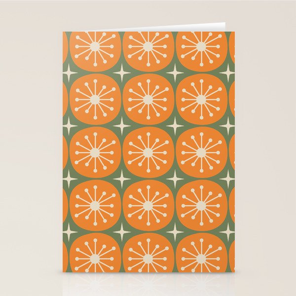Mid Century Modern Atomic Dots and Stars Retro Pattern in Mossy Sage Olive Green Orange Beige Stationery Card Gallery Image 2