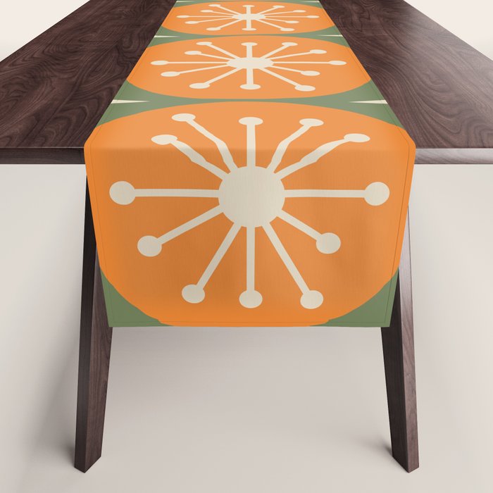 Mid Century Modern Atomic Dots and Stars Retro Pattern in Mossy Sage Olive Green Orange Beige Table Runner Gallery Image 1