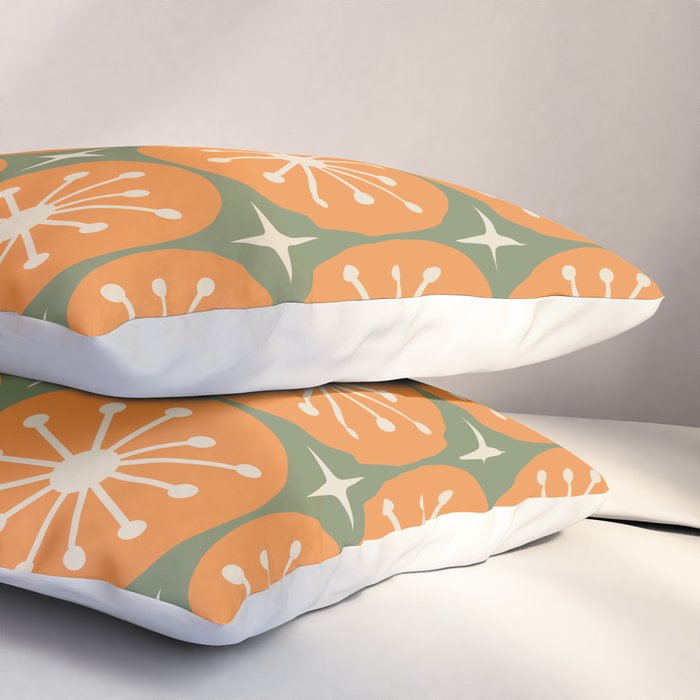 Mid Century Modern Atomic Dots and Stars Retro Pattern in Mossy Sage Olive Green Orange Beige Pillow Sham Gallery Image 3