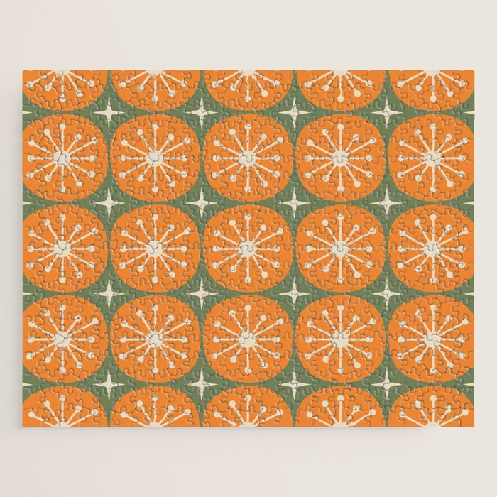 Mid Century Modern Atomic Dots and Stars Retro Pattern in Mossy Sage Olive Green Orange Beige Jigsaw Puzzle Gallery Image 1