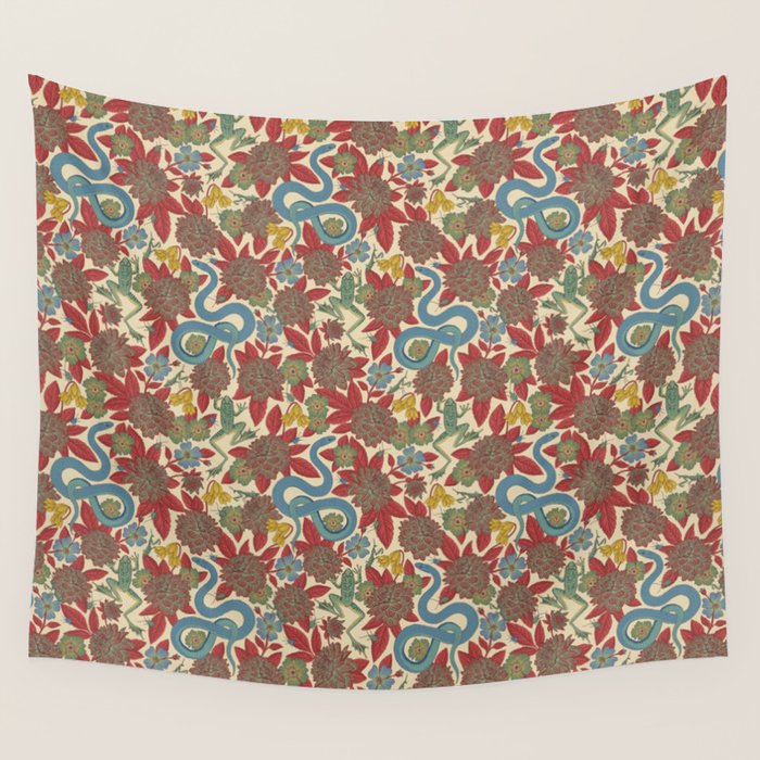 Large-Scale Dahlias, Frogs, Snakes, Praying Mantis in Red and Blue Wall Tapestry Gallery Image 4