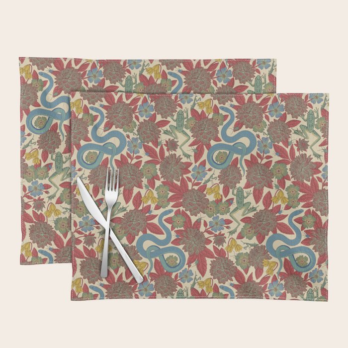 Large-Scale Dahlias, Frogs, Snakes, Praying Mantis in Red and Blue Placemat Gallery Image 1