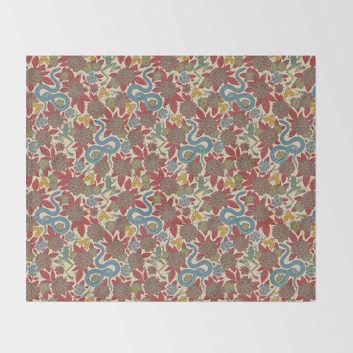Large-Scale Dahlias, Frogs, Snakes, Praying Mantis in Red and Blue Throw Blanket Gallery Image 2