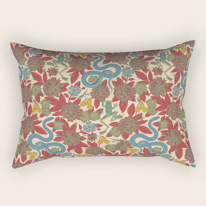Large-Scale Dahlias, Frogs, Snakes, Praying Mantis in Red and Blue Rectangular Pillow Gallery Image 2