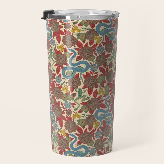 Large-Scale Dahlias, Frogs, Snakes, Praying Mantis in Red and Blue Travel Mug Gallery Image 3