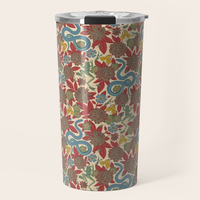 Large-Scale Dahlias, Frogs, Snakes, Praying Mantis in Red and Blue Travel Mug Gallery Image 1
