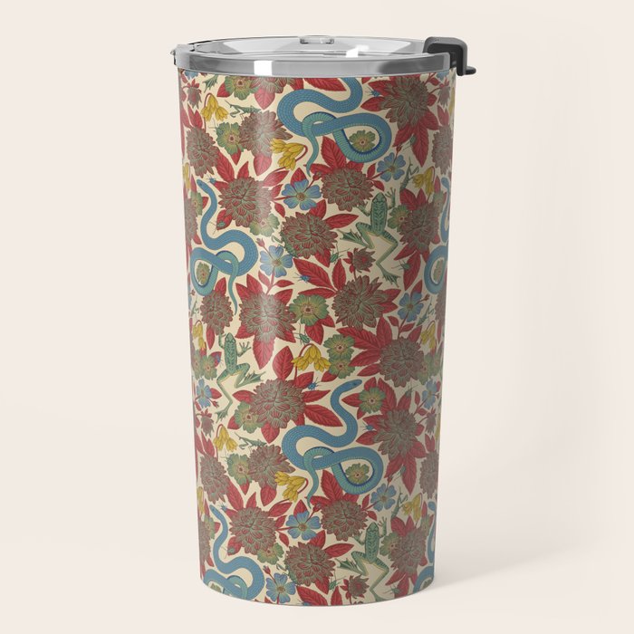 Large-Scale Dahlias, Frogs, Snakes, Praying Mantis in Red and Blue Travel Mug Gallery Image 2