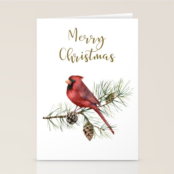 Christmas Red Cardinal Bird and Pine Watercolor Stationery Card Gallery Image 1