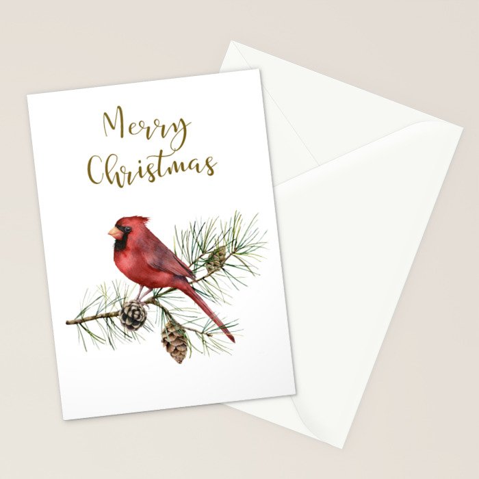 Christmas Red Cardinal Bird and Pine Watercolor Stationery Card Gallery Image 2