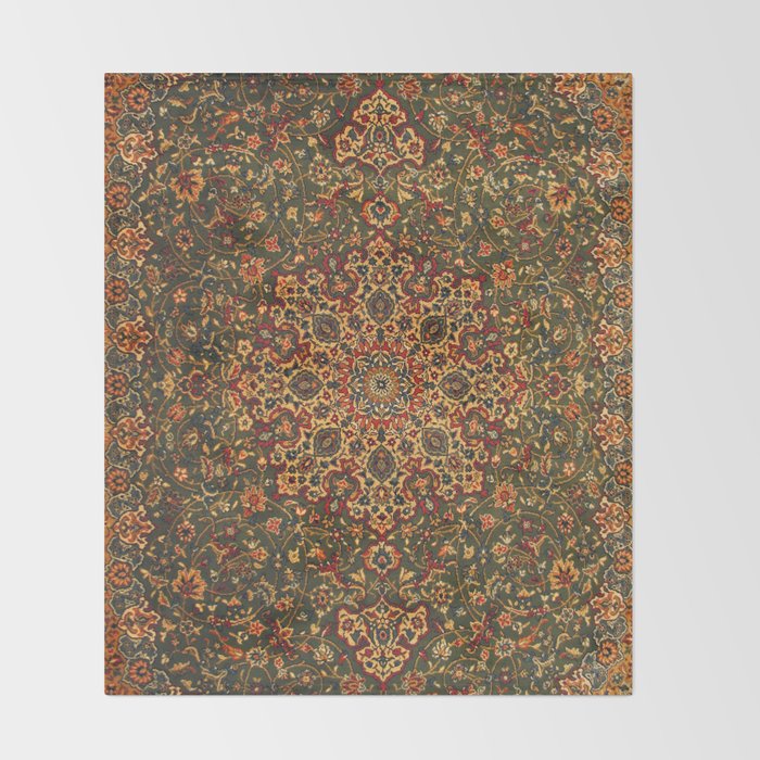Antique Distressed Green and Orange Woven Persian Rug Throw Blanket Gallery Image 2