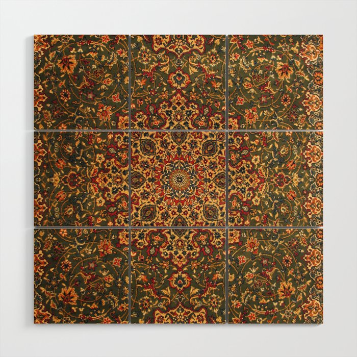 Antique Distressed Green and Orange Woven Persian Rug Wood Wall Art Gallery Image 1
