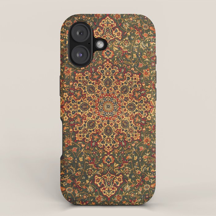 Antique Distressed Green and Orange Woven Persian Rug iPhone Case Gallery Image 1