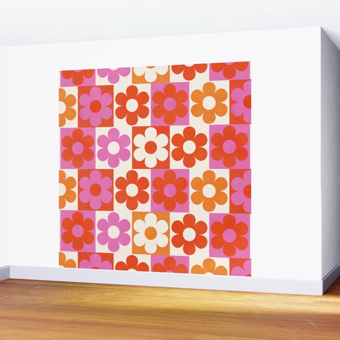Pink and Orange Retro Daisies Wall Mural Gallery Image 2