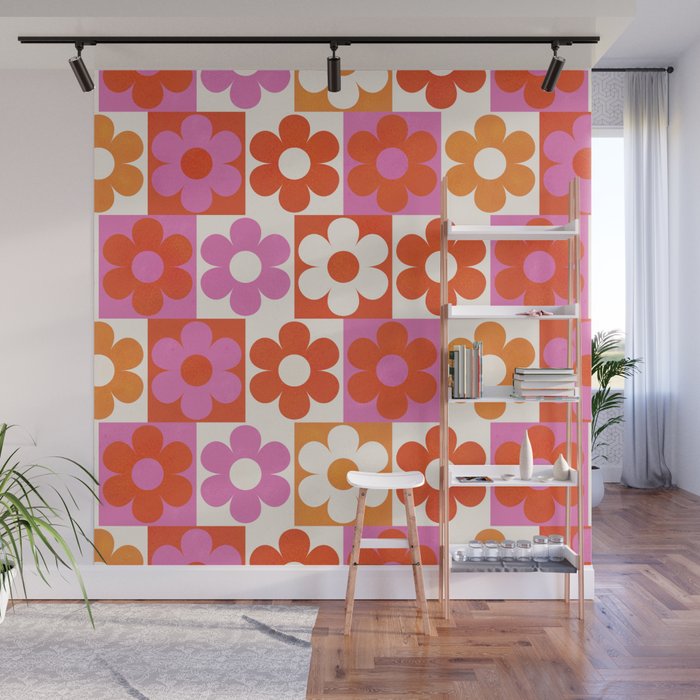 Pink and Orange Retro Daisies Wall Mural Gallery Image 1