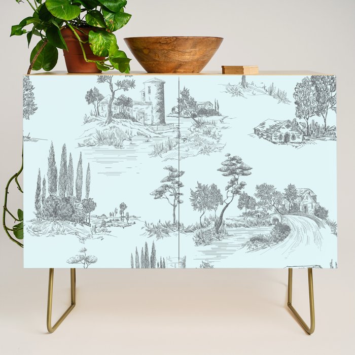 Toile de Jouy Vintage French Pastoral Light Blue & Black  Credenza Gallery Image 1