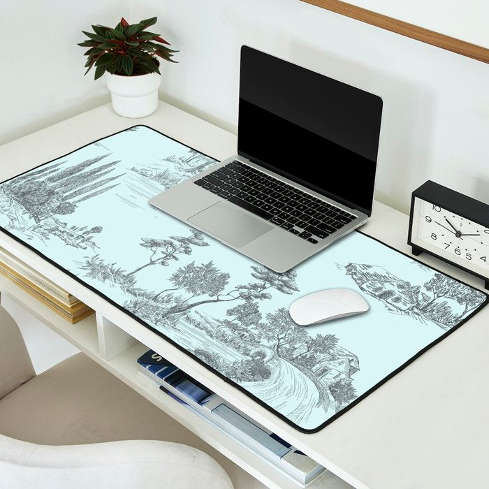 Toile de Jouy Vintage French Pastoral Light Blue & Black  Desk Mat Gallery Image 2