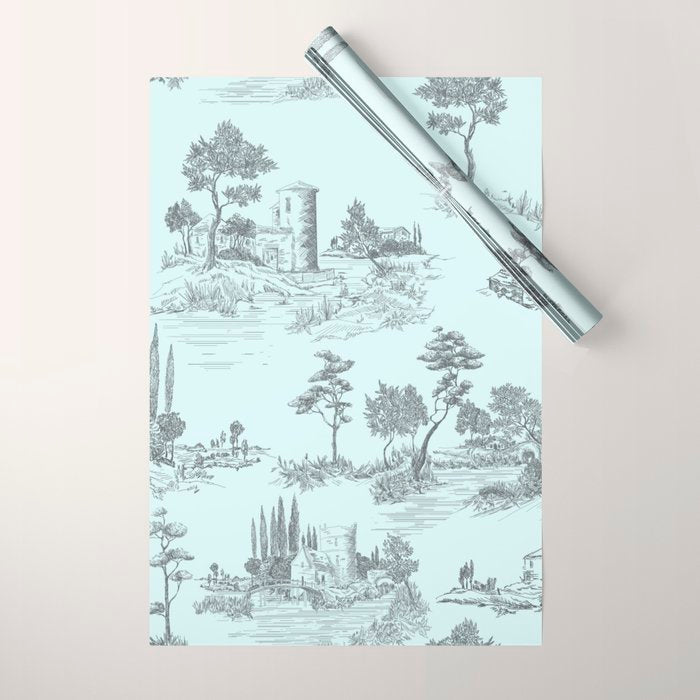 Toile de Jouy Vintage French Pastoral Light Blue & Black  Wrapping Paper Gallery Image 1