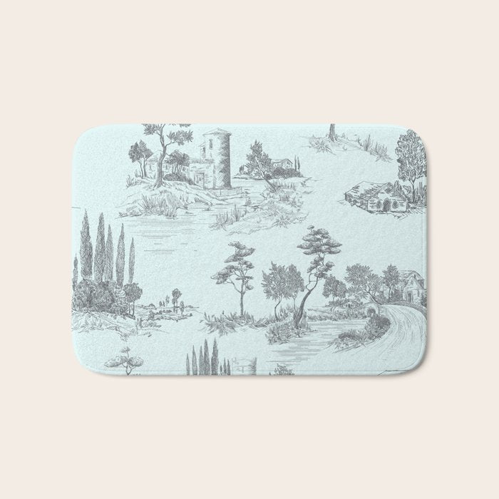 Toile de Jouy Vintage French Pastoral Light Blue & Black  Bath Mat Gallery Image 1