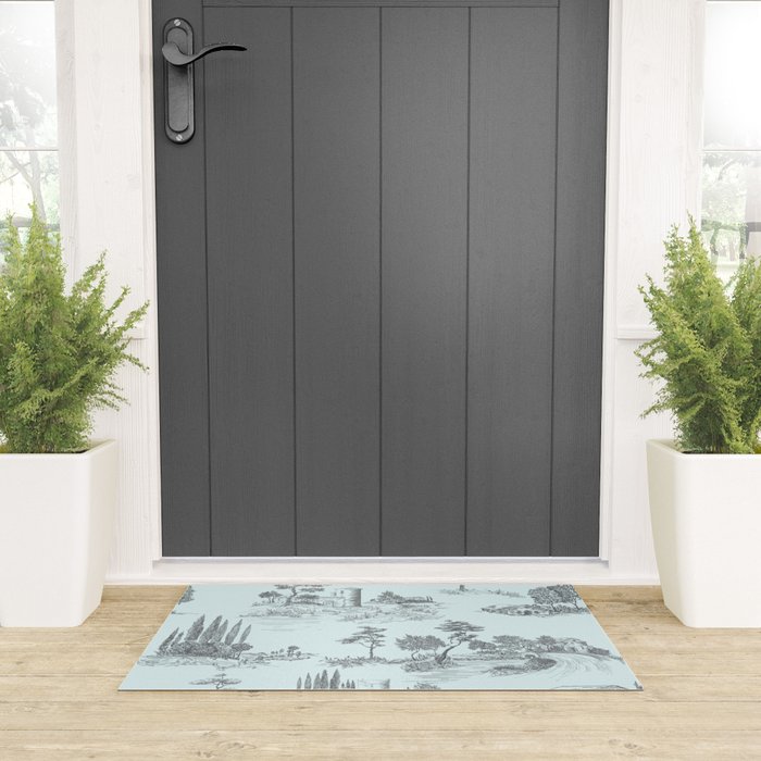 Toile de Jouy Vintage French Pastoral Light Blue & Black  Welcome Mat Gallery Image 3