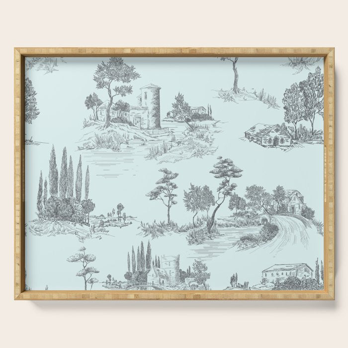Toile de Jouy Vintage French Pastoral Light Blue & Black  Serving Tray Gallery Image 1