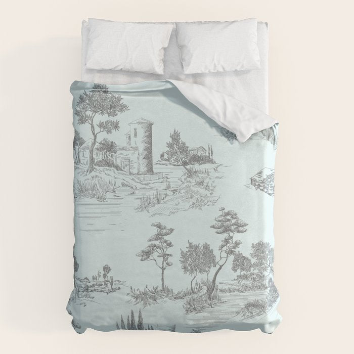 Toile de Jouy Vintage French Pastoral Light Blue & Black  Duvet Cover Gallery Image 1