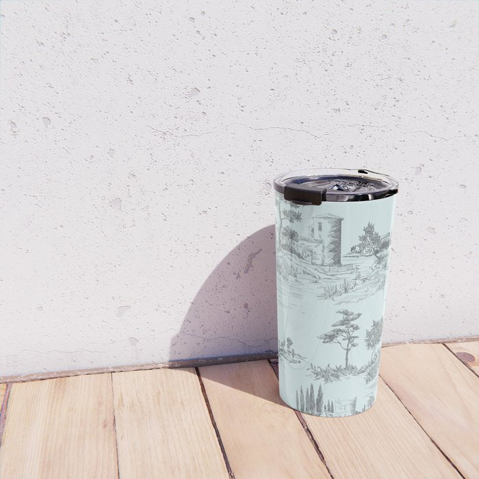 Toile de Jouy Vintage French Pastoral Light Blue & Black  Travel Mug Gallery Image 4