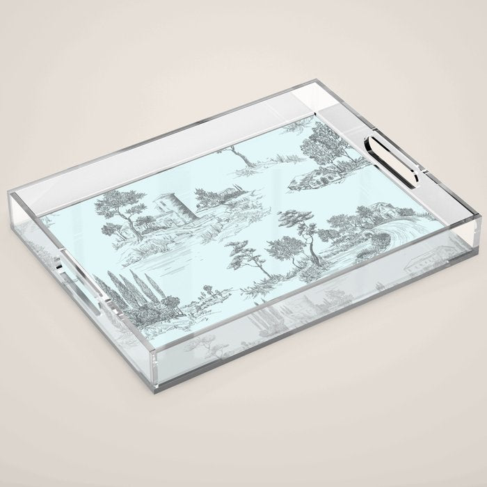 Toile de Jouy Vintage French Pastoral Light Blue & Black  Acrylic Tray Gallery Image 1