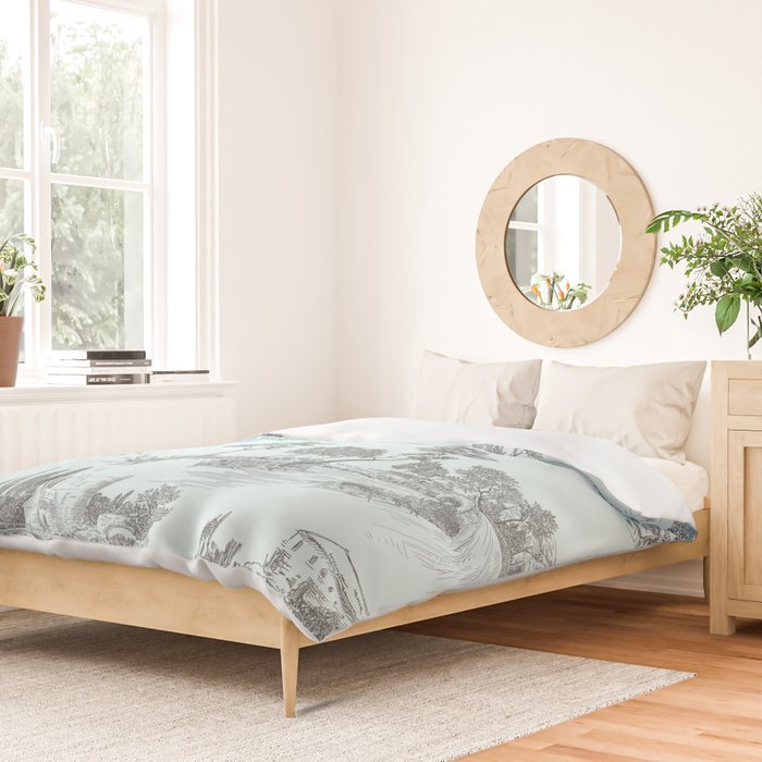 Toile de Jouy Vintage French Pastoral Light Blue & Black  Duvet Cover Gallery Image 2