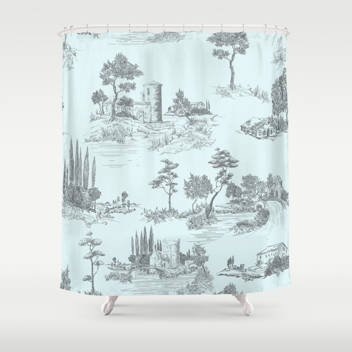 Toile de Jouy Vintage French Pastoral Light Blue & Black  Shower Curtain Gallery Image 1