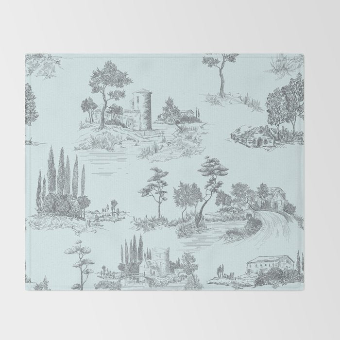 Toile de Jouy Vintage French Pastoral Light Blue & Black  Throw Blanket Gallery Image 2