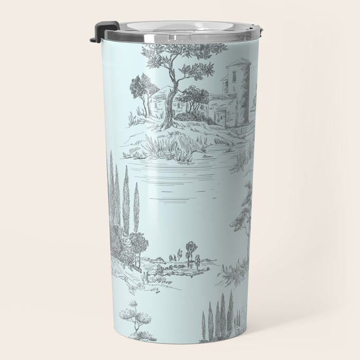 Toile de Jouy Vintage French Pastoral Light Blue & Black  Travel Mug Gallery Image 3