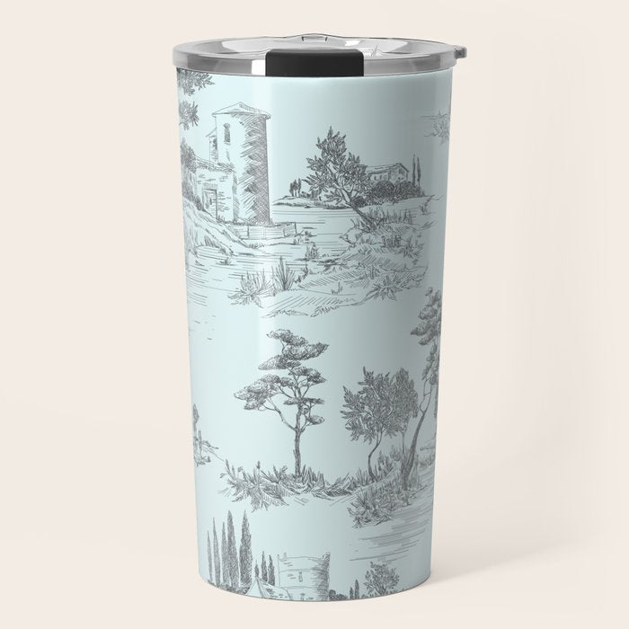 Toile de Jouy Vintage French Pastoral Light Blue & Black  Travel Mug Gallery Image 1