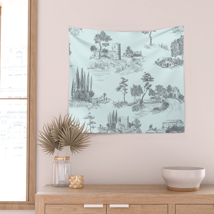 Toile de Jouy Vintage French Pastoral Light Blue & Black  Wall Tapestry Gallery Image 2