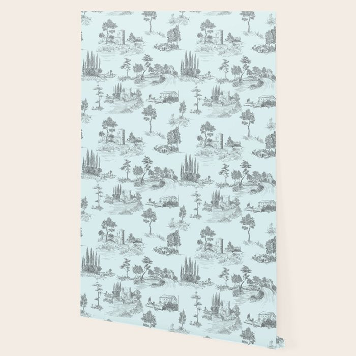 Toile de Jouy Vintage French Pastoral Light Blue & Black  Wallpaper Gallery Image 2