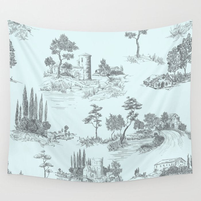 Toile de Jouy Vintage French Pastoral Light Blue & Black  Wall Tapestry Gallery Image 4