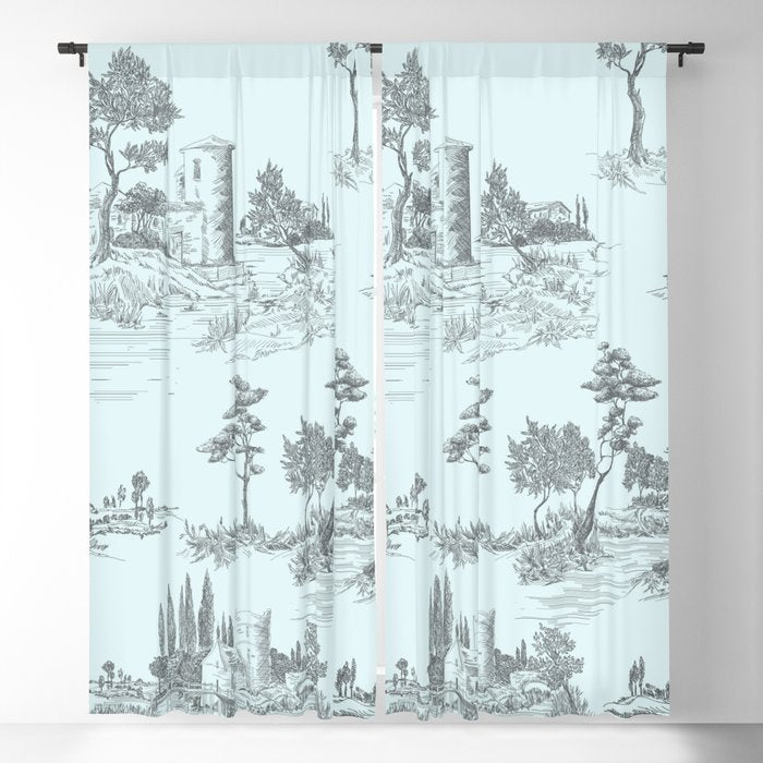 Toile de Jouy Vintage French Pastoral Light Blue & Black  Window Curtain Gallery Image 1