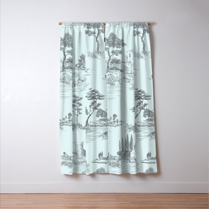 Toile de Jouy Vintage French Pastoral Light Blue & Black  Window Curtain Gallery Image 3